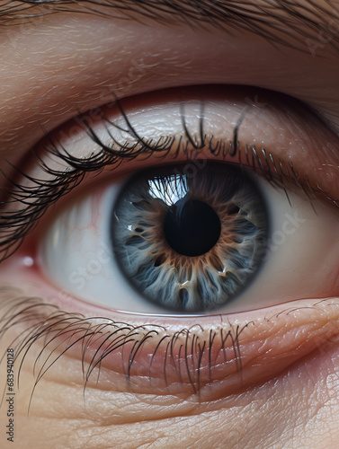 Close-up picture of a blue eye, focus on the iris, ophthalmologist, eyesight, macro shot, science of the human body, beautiful eye color