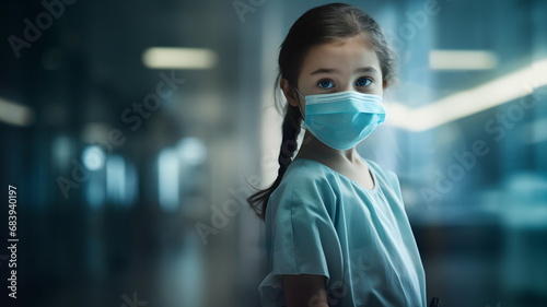 little girl wearing a surgical mask and a scrub, hospital background, sick children being healed at the hospital, medecine, science, pediatrics