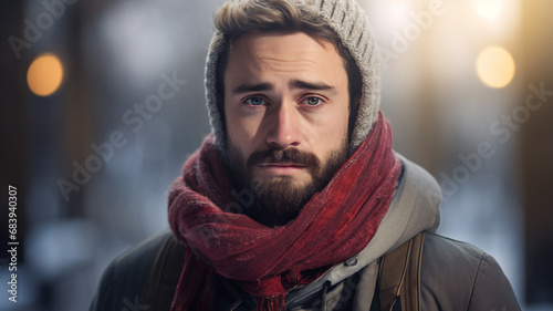 man in snowy weather, being cold, sick face with red nose, winter virus, flu, sickness, wearing a scarf, a hat and a coat, healthcare, health, selling winter medecine photo