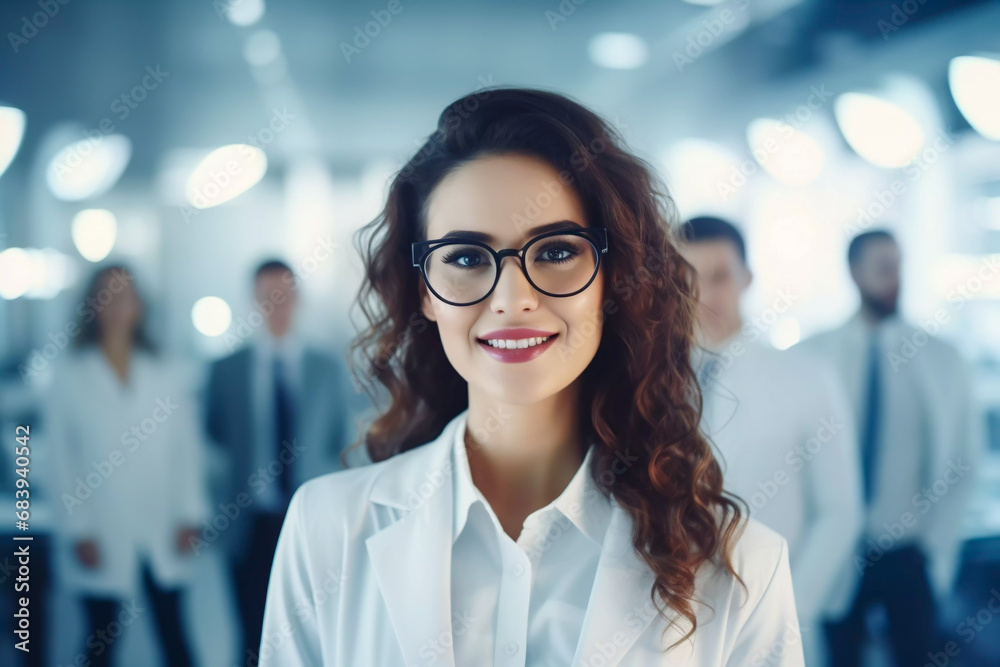 Attractive lab assistant in white coat and blouse selective focus laboratory science image concept science and technology biological research woman medical research lab worker co workers