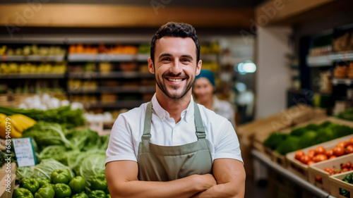 Portrait of an attractive smiling young man working as a greengrocer standing in a vegetable and fruit shop retailer selective focus shop mananger at work photo