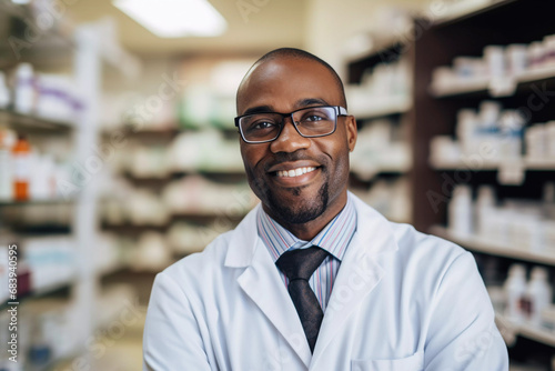Portrait of a Professional Black Pharmacist Wearing white Coat and Glasses Looking at Camera drug store with health care essential products and medicines