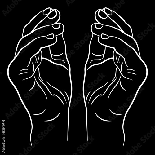Two raised up human hands in pinch or snap gesture. Cartoon style. Black and white linear silhouette.