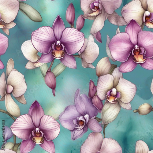 Seamless pattern with orchids. Raster illustration in watercolor style. Seamless background for textile design, packaging, wrapping, etc.