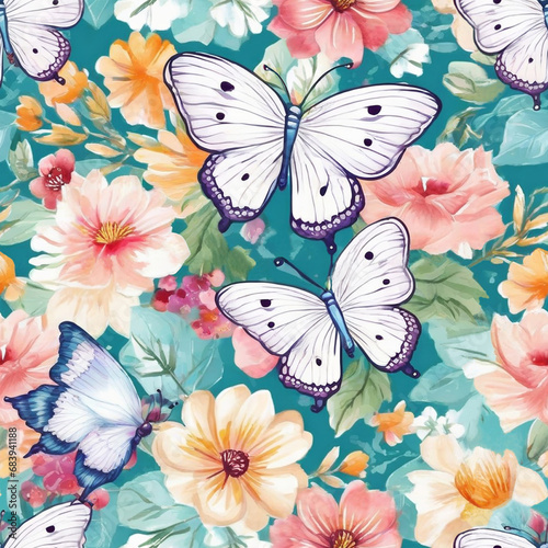 Seamless pattern with flowers and butterflies. Raster illustration in watercolor style. Seamless background for textile design, packaging, wrapping, etc.