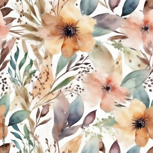 Seamless pattern with flowers in a rustic style. Raster illustration in watercolor style. Seamless background for textile design, packaging, wrapping, etc.