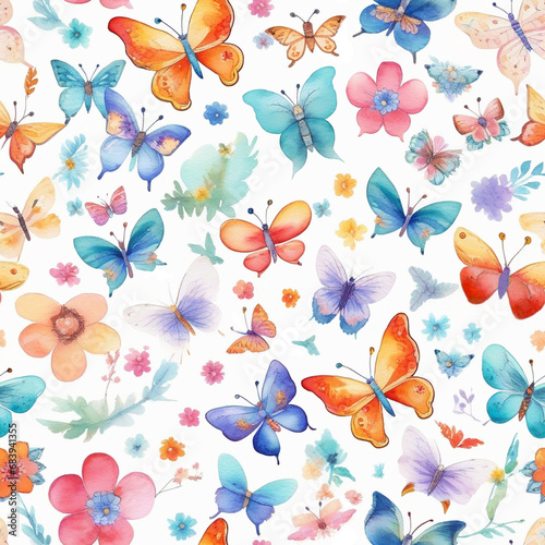 Seamless background with flowers and butterflies on a white background. Raster illustration in watercolor style. Seamless background for textile design, wrapping, wrapping, etc.