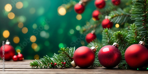 Pine Leaves and Red Christmas Ornaments on Abstract Blurred Background with Beautiful Bokeh. Green Colors Background for Text Copy Space. Super Resolution