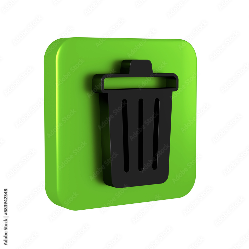 Black Trash can icon isolated on transparent background. Garbage bin sign. Recycle basket icon. Office trash icon. Green square button. Black Trash can icon isolated on transparent background. Garbage bin sign. Recycle basket icon. Office trash icon. Green square button.