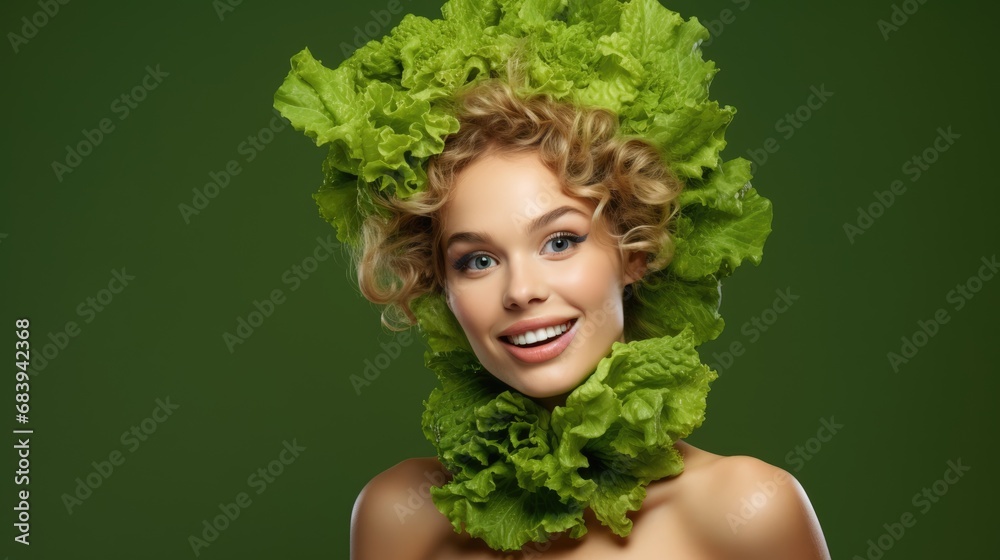 Beautiful girl with lettuce leaves. On a green background. Healthy eating Beautiful girl with lettuce leaves. On a green background. Healthy eating
