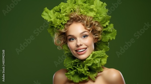 Beautiful girl with lettuce leaves. On a green background. Healthy eating