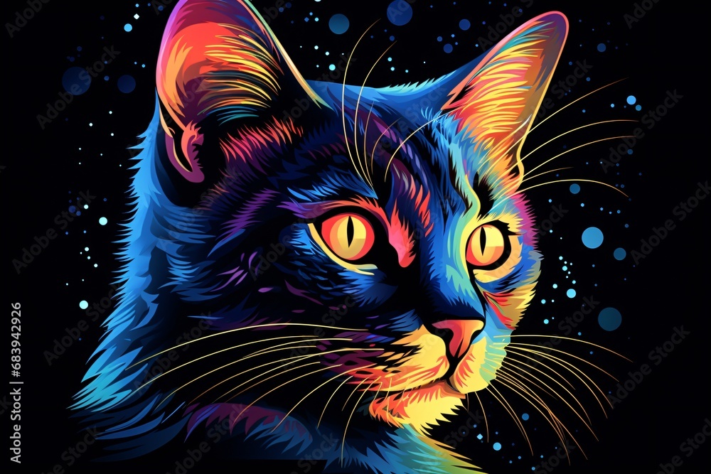 A beautiful and colorful poster of a cat on a black background