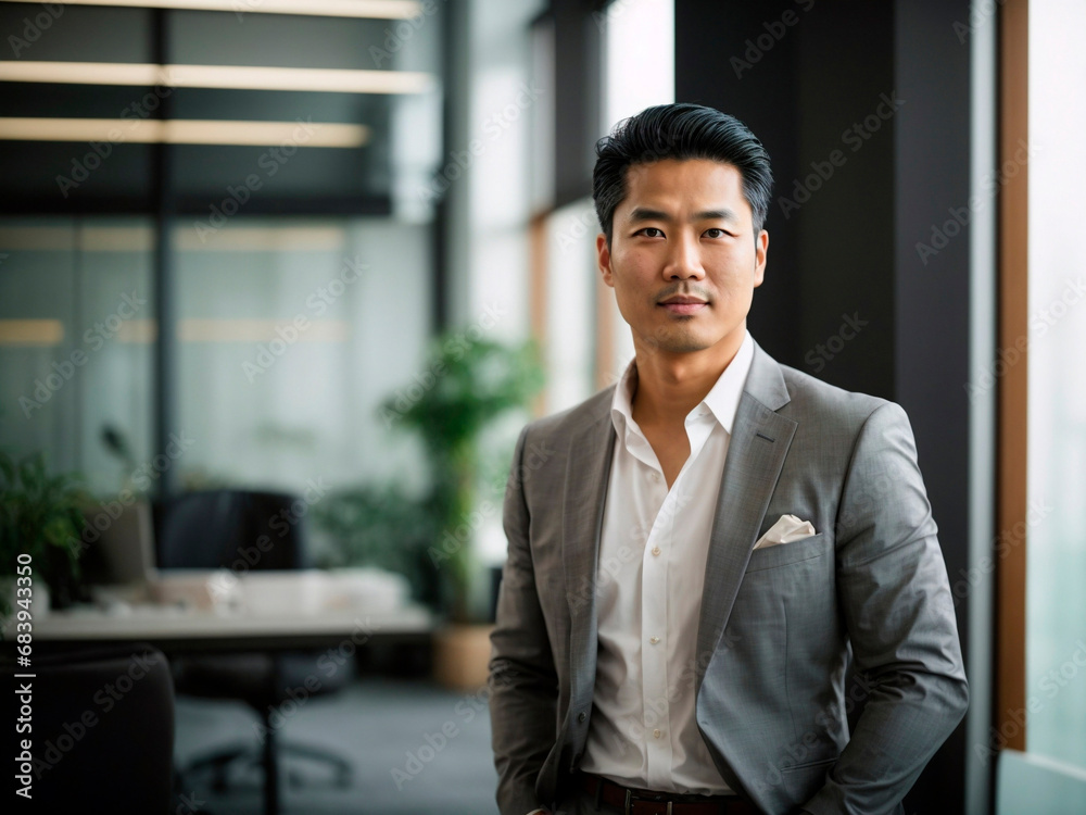 portrait handsome asiatic man entrepreneur in a very clear office. Generated by AI portrait handsome asiatic man entrepreneur in a very clear office. Generated by AI