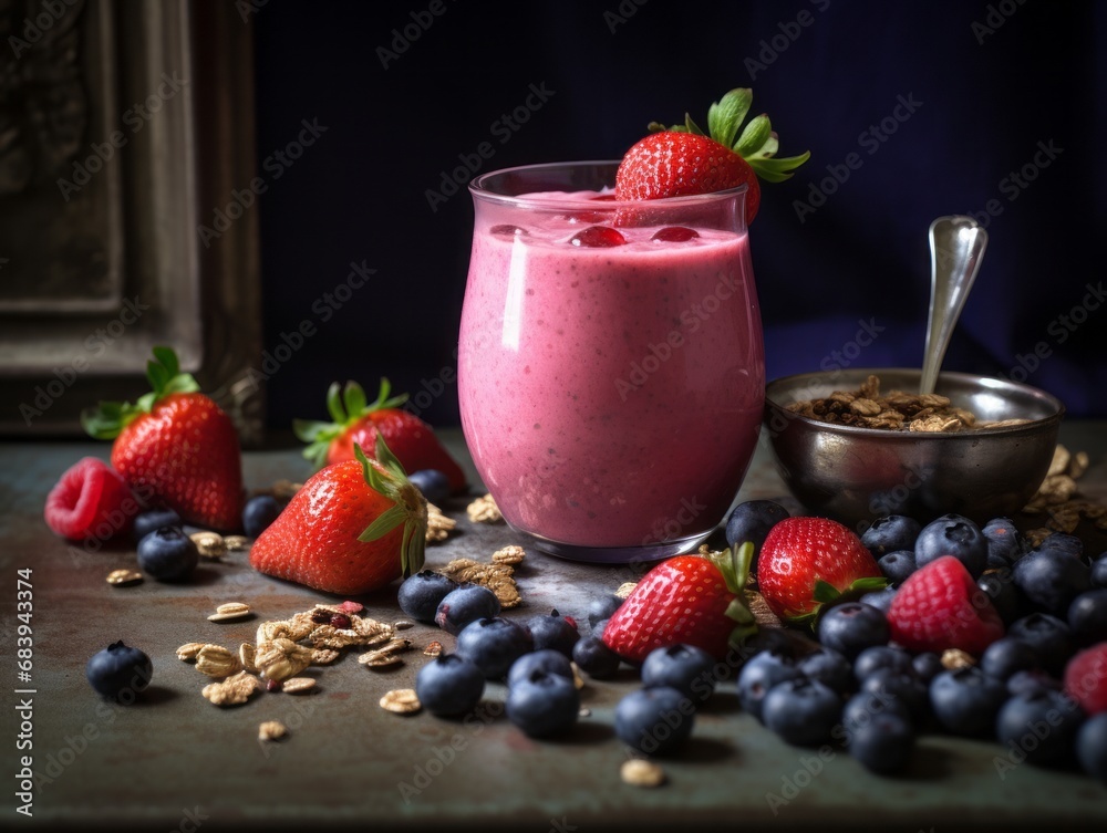Refreshing Red Fruit Smoothie Topped with Crunchy Granola and Fresh Blueberries Generative AI Refreshing Red Fruit Smoothie Topped with Crunchy Granola and Fresh Blueberries Generative AI