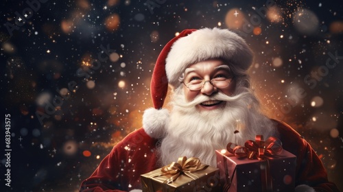 Cheerful Santa Claus in the center. Gift boxes and sparkles in the background