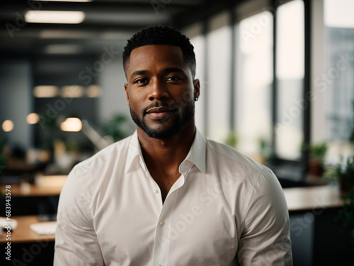 portrait handsome black man entrepreneur in a very clear office. Generated by AI