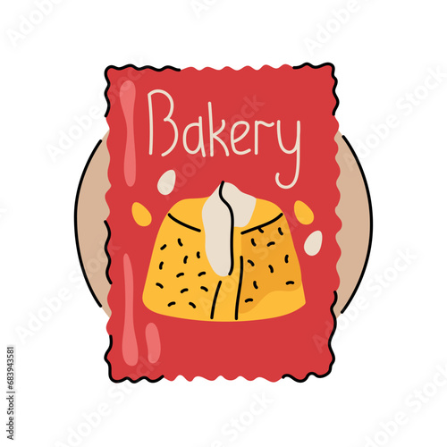 Hand drawn packaged cupcake color element. Cartoon unprocessed food.