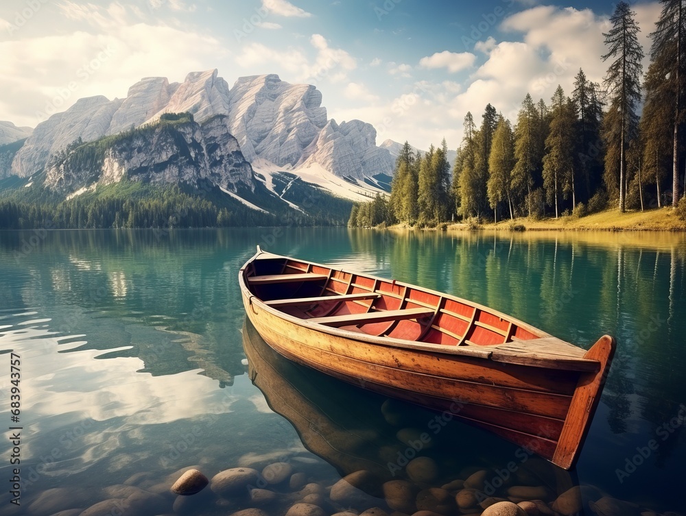 Escape into Serenity: Exquisite Wooden Boat Amidst Majestic Mountain Scenery Generative AI