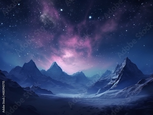 Enchanting Winter Wonderland: A Spectacular Mountain View under the Stars Generative AI