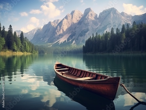 Mesmerizing Vistas: A Lonely Wooden Boat Amidst Majestic Mountains and Pristine Lake Generative AI