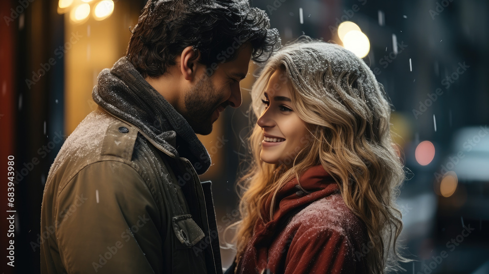 young handsome man gives a gift to a beautiful woman on a city street, date, love, Christmas, Valentine's day, guy and girl, romance, boyfriend, new year, family, couple of lovers, birthday, emotions