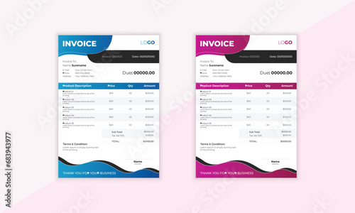 Modern and unique Invoice design template. Bill form for business invoice accounting.