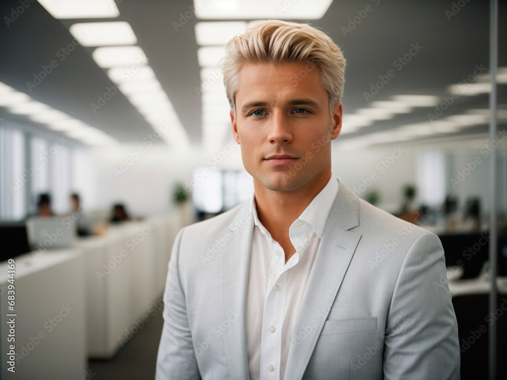 portrait handsome blonde man entrepreneur in a very clear office portrait handsome blonde man entrepreneur in a very clear office