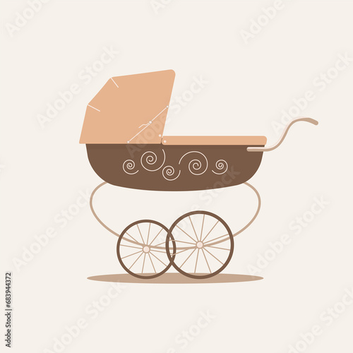 Cute luxury unisex baby stroller in beige and brown colors on light background. Transport to care for infant and walks.Raster flat illustration