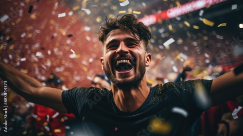 Football fan celebrates victory. Confetti and blurry football stadium photo
