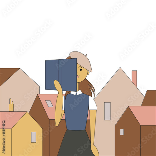 Concept: book is source of knowledge.Cute girl reading book on background of old town - houses with colorful roofs in cartoon style.Raster
