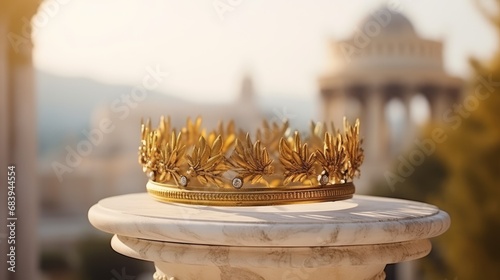 Golden Greek wreath in close-up. Antique blurred background photo