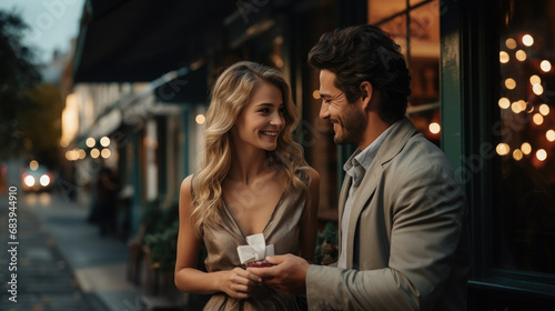 young handsome man gives a gift to a beautiful woman on a city street  date  love  Christmas  Valentine s day  guy and girl  romance  boyfriend  new year  family  couple of lovers  birthday  emotions