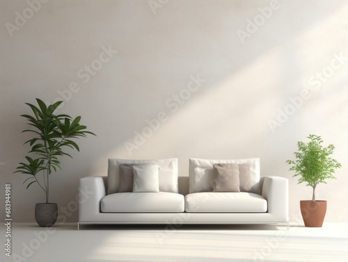 Experience the Ultimate Comfort  Stylish Cream Sofa Accentuated with Greenery Generative AI