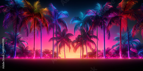  Retro vintage 80s 90s electronic cyberpunk retro wave synthase vaporwave landscape nature. Tropical beach palms landscape.AI Generative