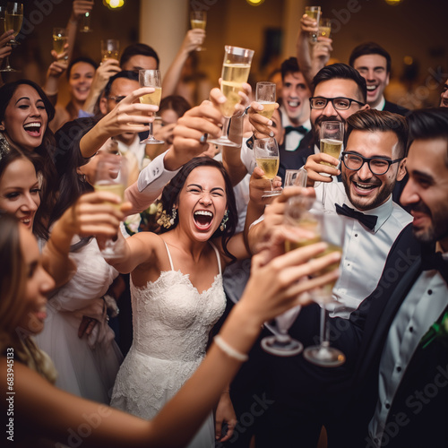 wedding celebration party with bride and groom with their friends