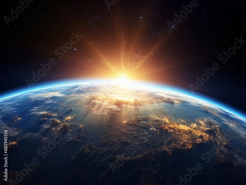 Dawning Sunlight: Majestic View of Planet Earth From Outer Space Generative AI