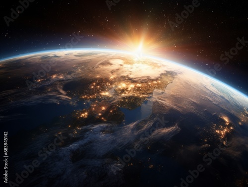 Spectacular Sunrise  A Breathtaking View of Earth from Space Generative AI