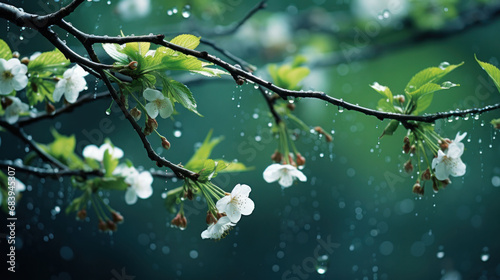 White petals contrast with a dark branch, both highlighted by Springtime Misty Drops under a soft, diffused light.