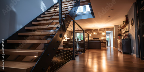 Luxurious home with a wooden and steel staircase viewed from below You might also like Contemporary interior wooden stair in home at living room.AI Generative 