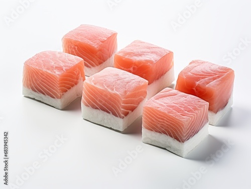 Unveiling the Art of Culinary Excellence: A Close-up of Salmon Cubes! Generative AI