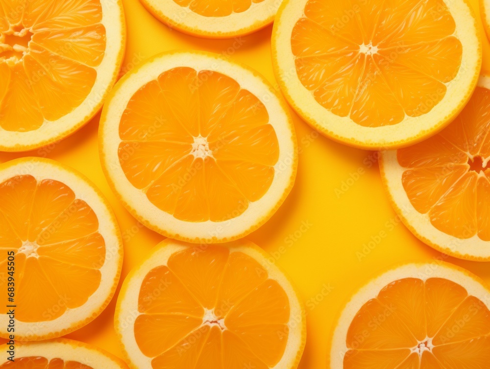 Vibrant Citrus Bliss: Discover the Beauty of Freshly Cut Orange Slices on a Sunny Yellow Background Generative AI Vibrant Citrus Bliss: Discover the Beauty of Freshly Cut Orange Slices on a Sunny Yellow Background Generative AI