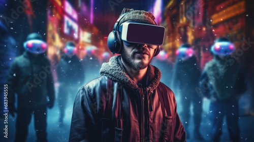 Young man playing a virtual reality video game. an in VR glasses. AI