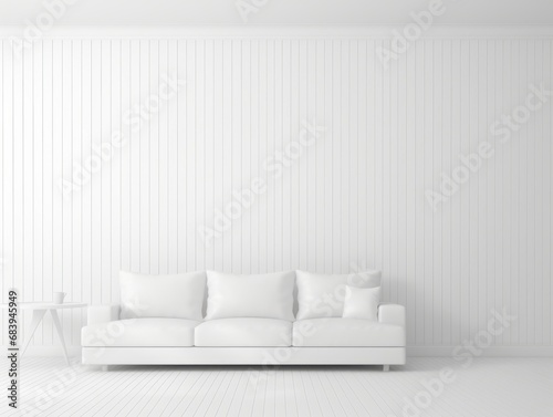 Explore Serenity: A Soothing White Wooden Interior with Stylish Sofa Generative AI