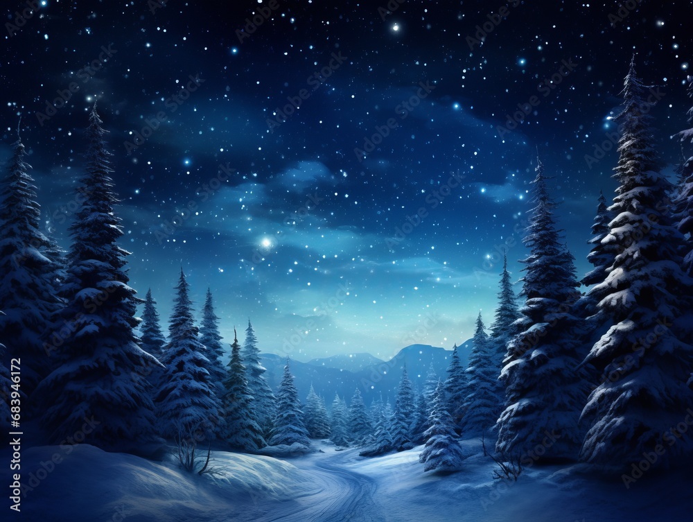 Enchanting Winter Night: Star-studded Skies over Snow-Covered Pine Trees Generative AI
