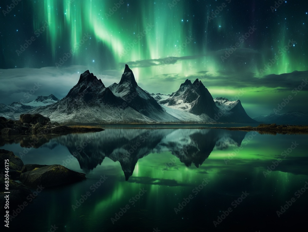 Magical Aurora: Stunning Dance of the Northern Lights over Majestic Mountain Terrain Generative AI