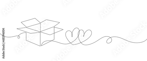 Valentines day card decoration. Hearts with gift box. Black and white vector minimalism vector illustration of love concept. Continuous one line drawing.