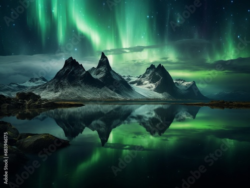 Magical Aurora: Stunning Dance of the Northern Lights over Majestic Mountain Terrain Generative AI © monsifdx