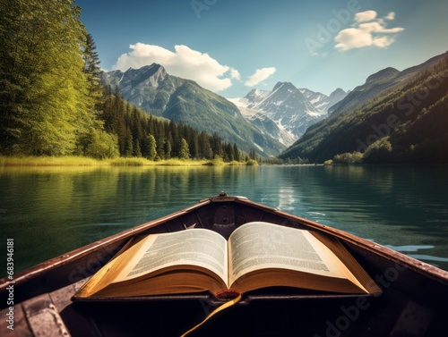 Unveiling Wisdom: A Captivating Journey of a Floating Wooden Boat with an Open Book on a Serene Lake Generative AI