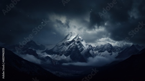  a night scene of a mountain range with clouds in the foreground and a full moon in the sky above.