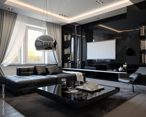Interior Room Designing,Furniture In Black Shade,Tv Launch,Dining Room with Beautiful BlackBackground
